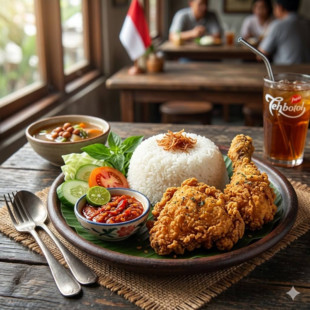 Paket Ayam Goreng Crispy dengan nasi, lalap, dan sambal